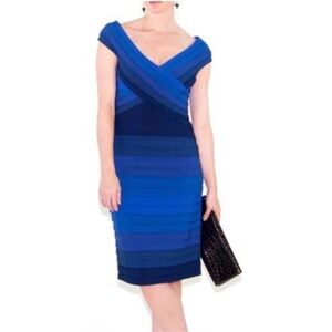 Tadashi Shoji Blue Ombre Pintuck Bandage Dress Off Shoulder Sheath Cocktail L